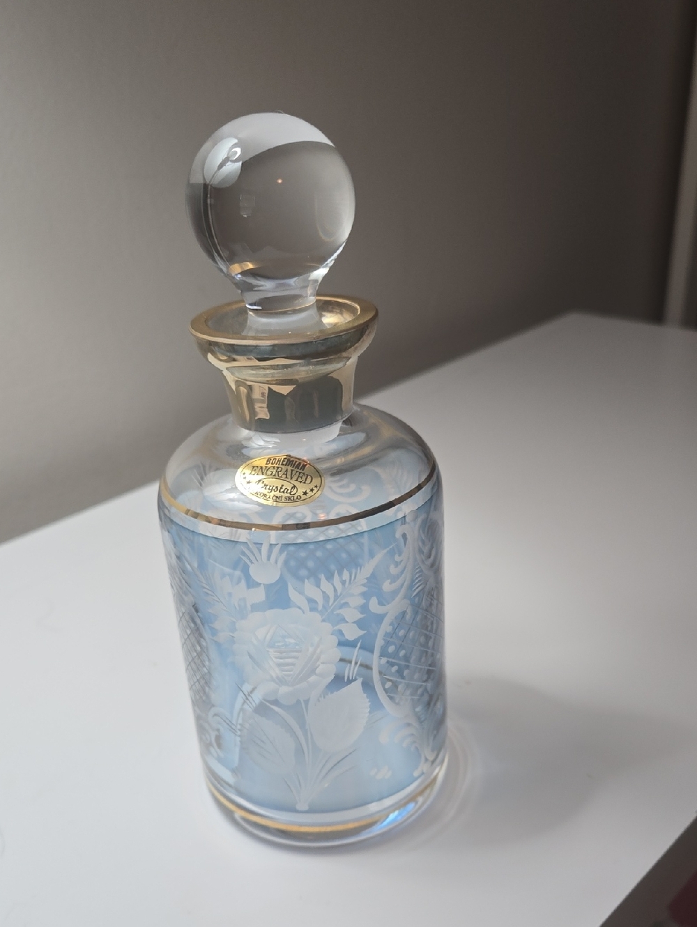 Blue Etched Glass Perfume Bottle with Gold Trim